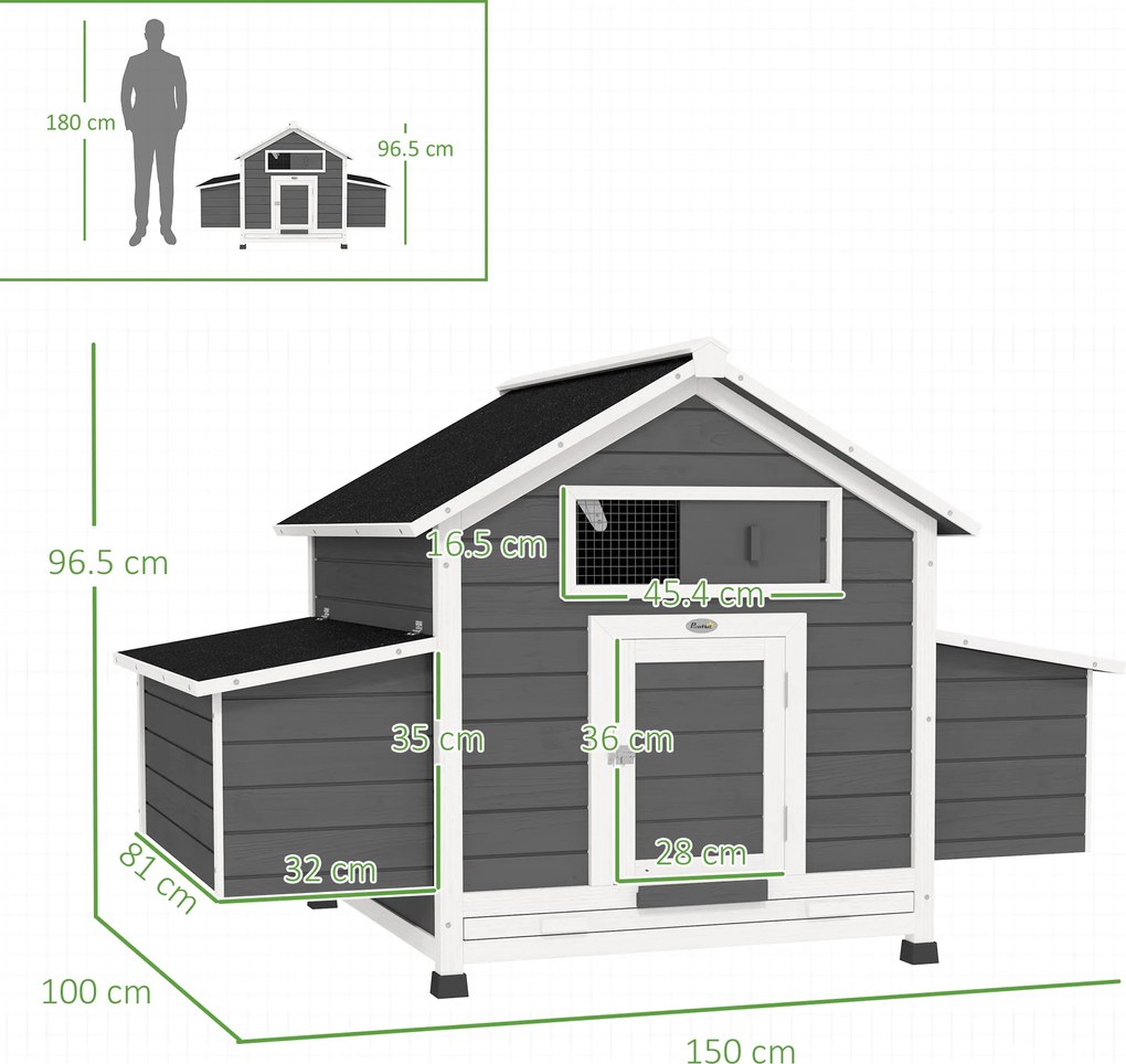 PawHut Coteț din Lemn pentru Exterior cu 2 Cuiburi de Ouă, Adăpost pentru Găini cu Tavă Detașabilă și Acoperiș din Asfalt, pentru 2-4 Găini, Gri | Aosom Romania