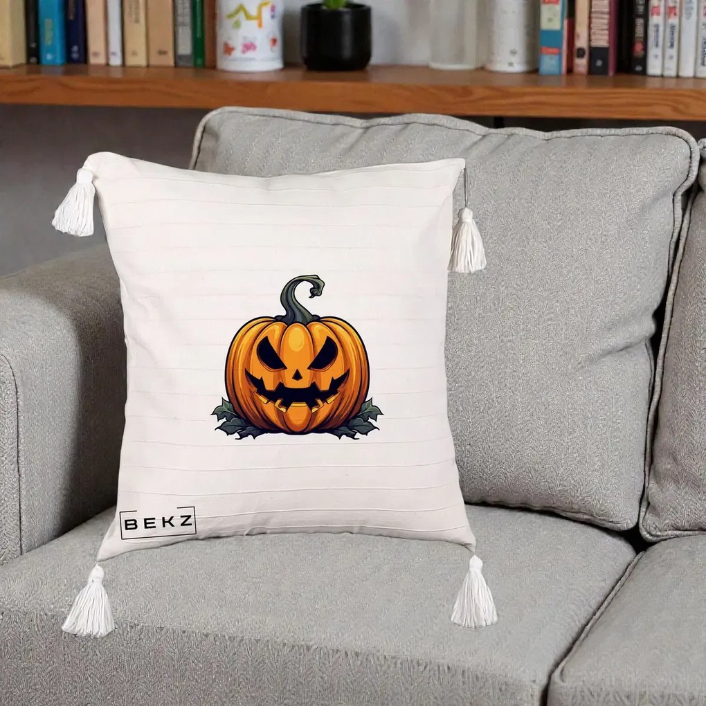 Perna Decorativa Halloween Jack-o'-Lantern Infricosator, 40x40 cm, Bej cu Franjuri, Husa Detasabila, Perna Inclusa, BEKZ®