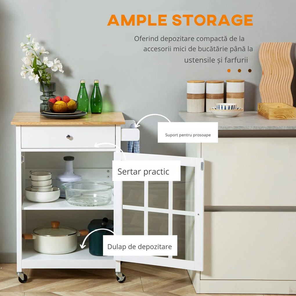 HOMCOM Cărucior Bucătărie Compact, Multifuncțional, Spațiu Depozitare, 67x48x86.5cm, Design Modern, Alb | Aosom Romania