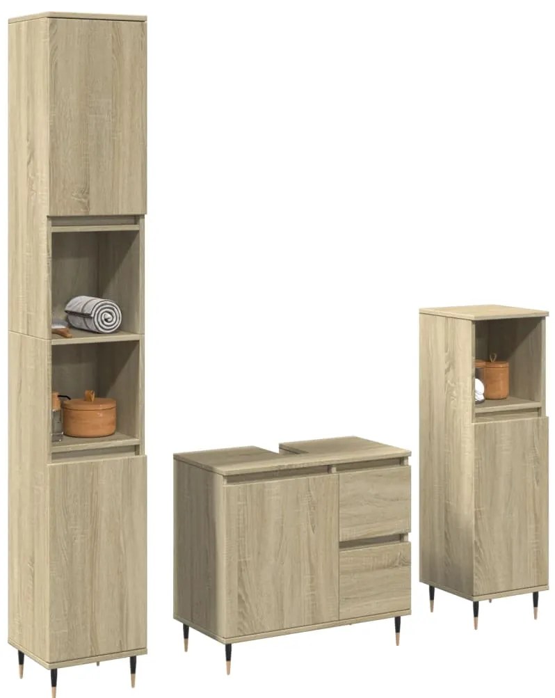 vidaXL Set mobilier de baie, 3 piese, stejar sonoma, lemn prelucrat