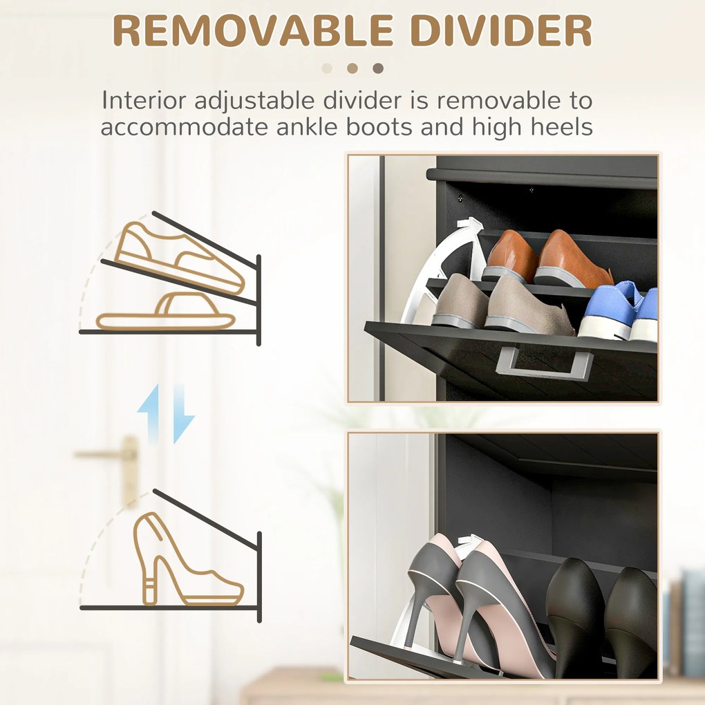 HOMCOM Dulap pentru Pantofi cu 2 Sertare pentru 10 Perechi de Pantofi, Mobilier cu Raft Reglabil, 54x24x82,5 cm, Negru | Aosom Romania