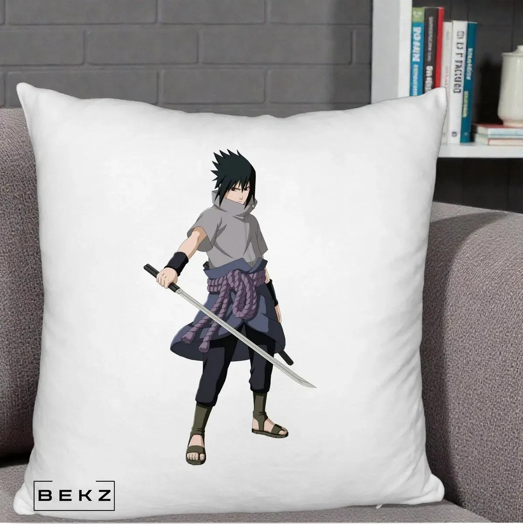 Perna Personalizata Naruto Sasuke Uchiha cu Sabia, 40x40 cm, Alb Pufos, Husa Detasabila, Perna Inclusa, BEKZ®