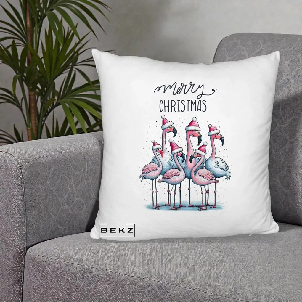 Perna Decorativa Flamingo Merry Christmas, 40x40 cm, Alb Pufos, Husa Detasabila, Perna Inclusa, BEKZ®
