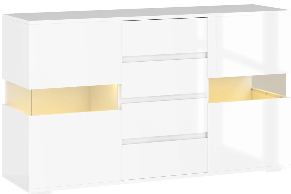 HOMCOM Bufet cu Lumini LED Reglabile prin Telecomandă, Mobilier de Sufragerie cu 4 Sertare și 2 Dulapuri, 120x34x70 cm, Alb | Aosom Romania