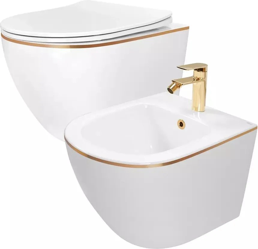 Set vas WC suspendat Rea Carlo alb - auriu cu capac softclose si bideu alb