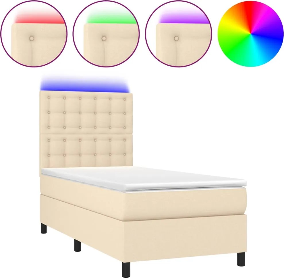 vidaXL Pat cu arcuri, saltea și LED, crem, 90x200 cm, textil