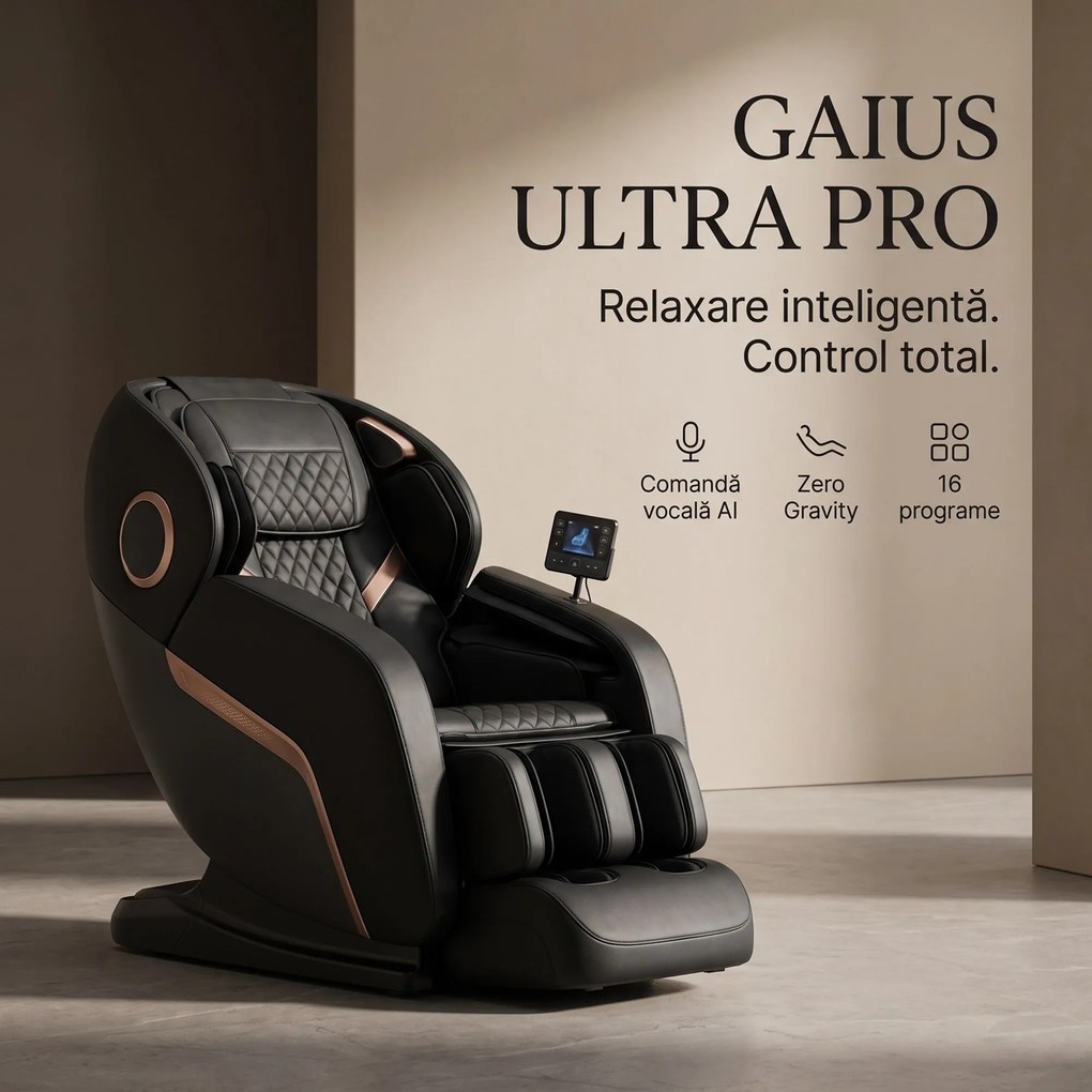 Fotoliu masaj GAIUS ULTRA PRO cu comanda vocala AI, Zero Gravity si incalzire lombara, Negru