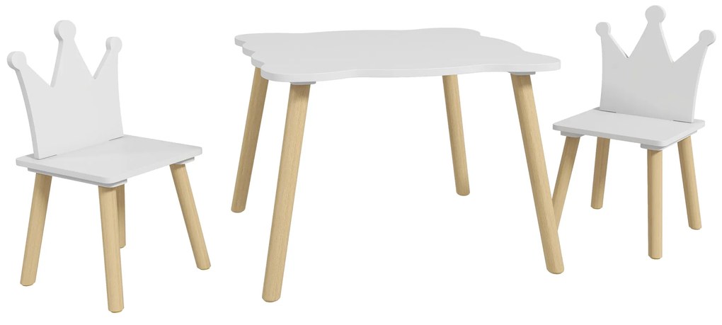 AIYAPLAY Set Masă și 2 Scaune pentru Copii 3-6 Ani, Masă Ondulată și Scaune în Formă de Coroană, 60x60x44 cm, Alb | Aosom Romania