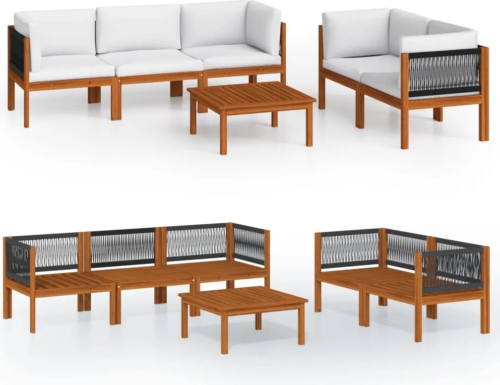 vidaXL Set fotoliu de grădină cu 6 piese, perne, lemn crem, acacia și frânghie