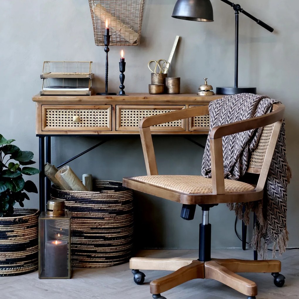 Scaun de birou, din lemn de mesteacan si rattan, natur, cu aspect vintage, Old French