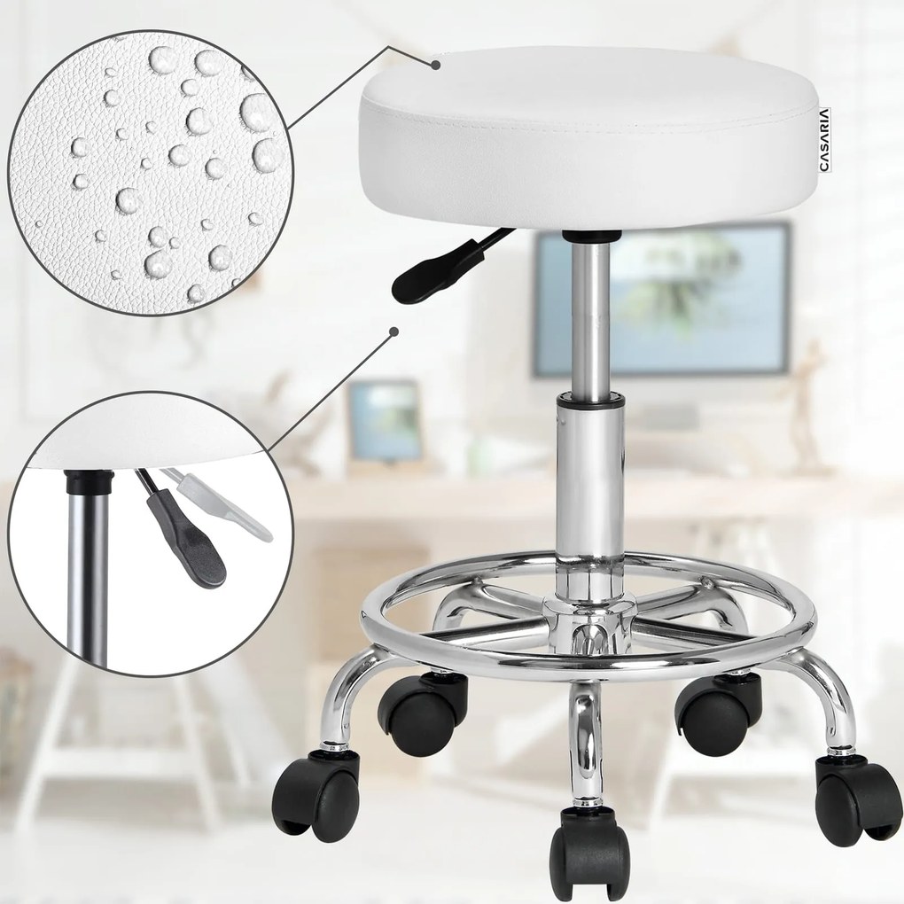 Taburet pe roți OXANA cu suport pentru picioare, Ø35cm, alb Casaria