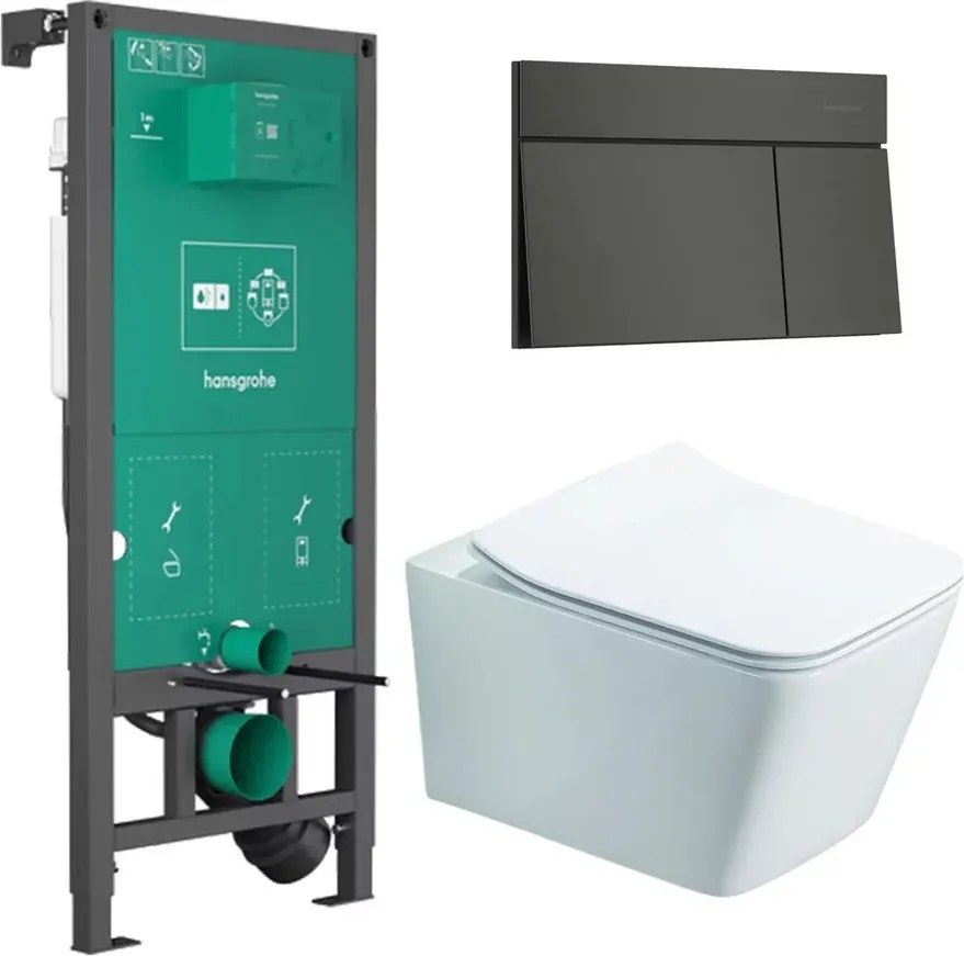 Rezervor incastrat Hansgrohe iFrame 112 cm cu clapeta iFrame Element E negru periat plus vas WC Rune Jord alb cu capac softclose