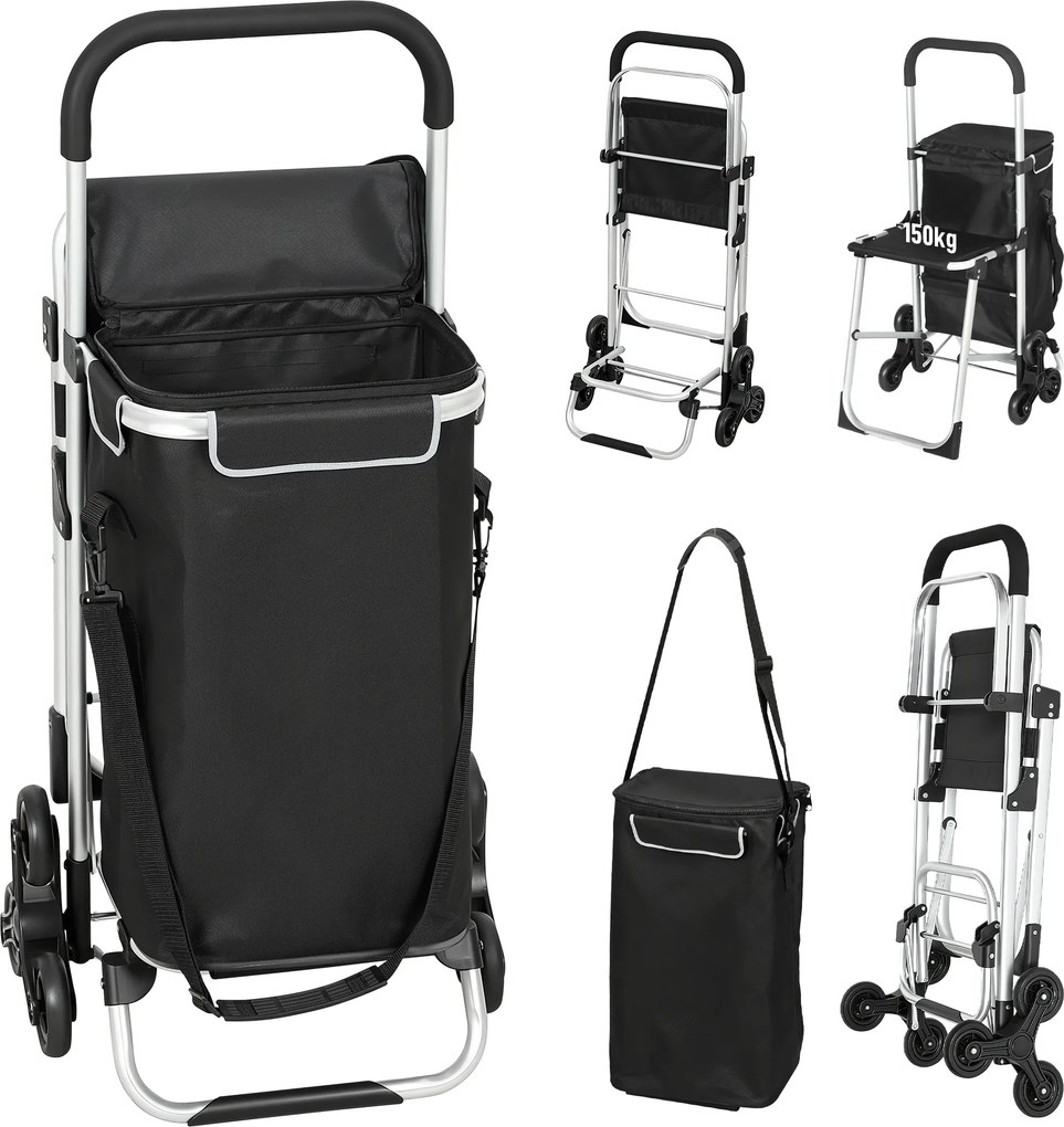 HOMCOM Cărucior de Cumpărături cu Geantă Impermeabilă de 40L, 46x59.5x97 cm, Negru și Argintiu | Aosom Romania