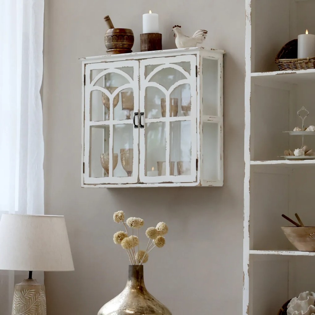 Vitrina de perete, din lemn masiv, cu aspect vintage