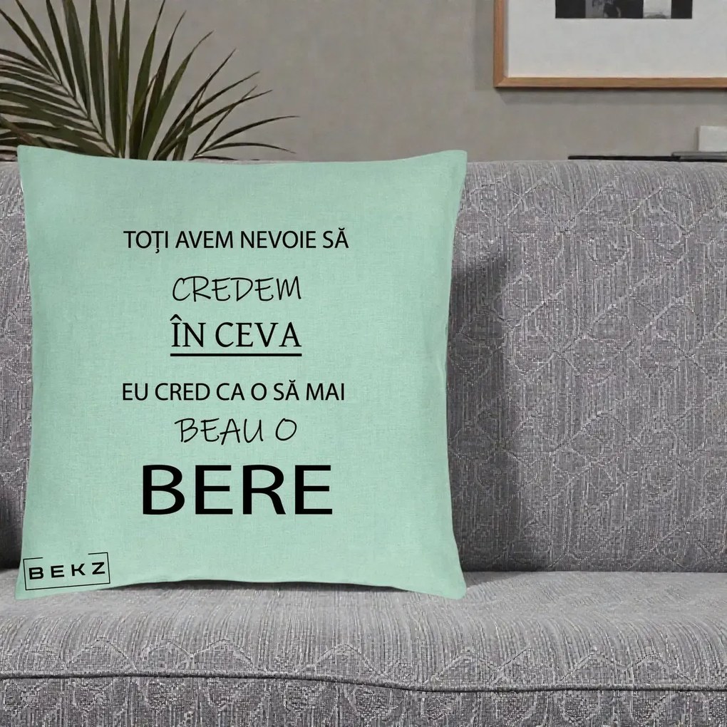Perna Decorativa Eu Cred ca mai Beau o Bere, 40x40 cm, Verde Menta, Husa Detasabila, Perna Inclusa, BEKZ®