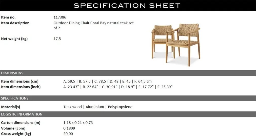 Set de 2 scaune pentru exterior, design LUX, Coral Bay