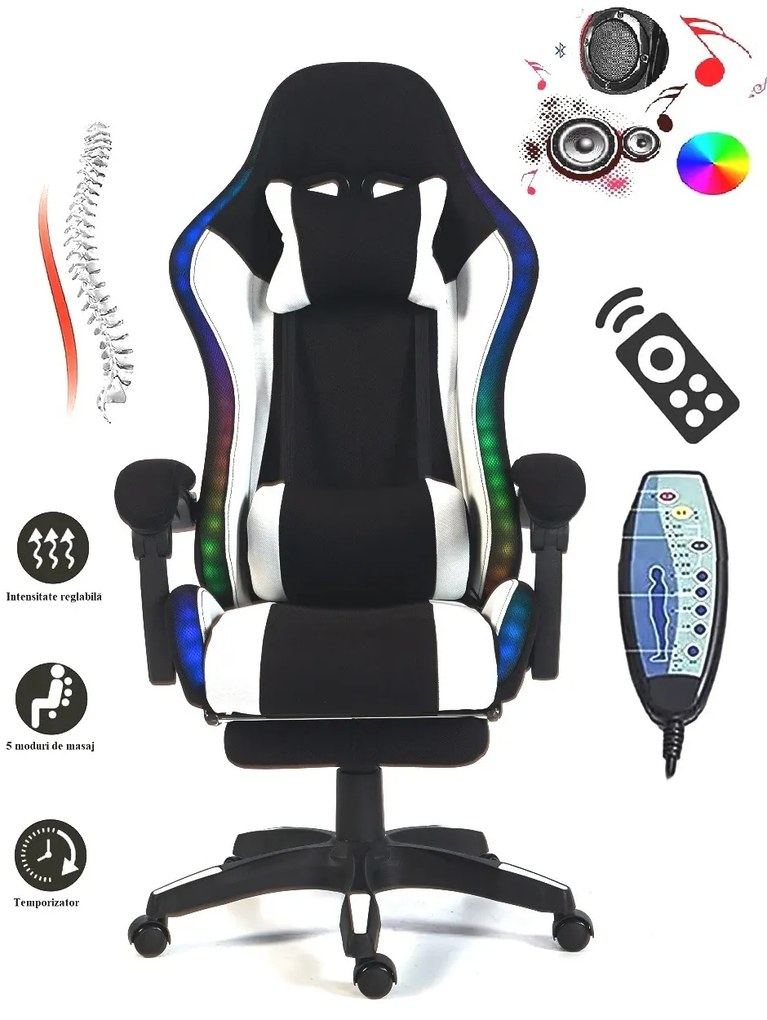 ALFORD Scaun gaming cu Masaj in 5 puncte, Perna lombara cu Masaj, Sistem iluminare banda LED RGB, Boxe Bluetooth, suport picioare, textil, Negru