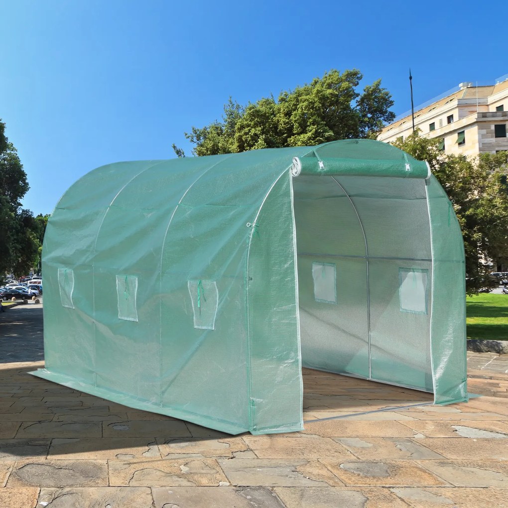 Outsunny Serra a Tunnel da Giardino Struttura in Acciaio con 6 Finestre e Porta Avvolgibili, 400x200x210cm verde 400x200x210cm