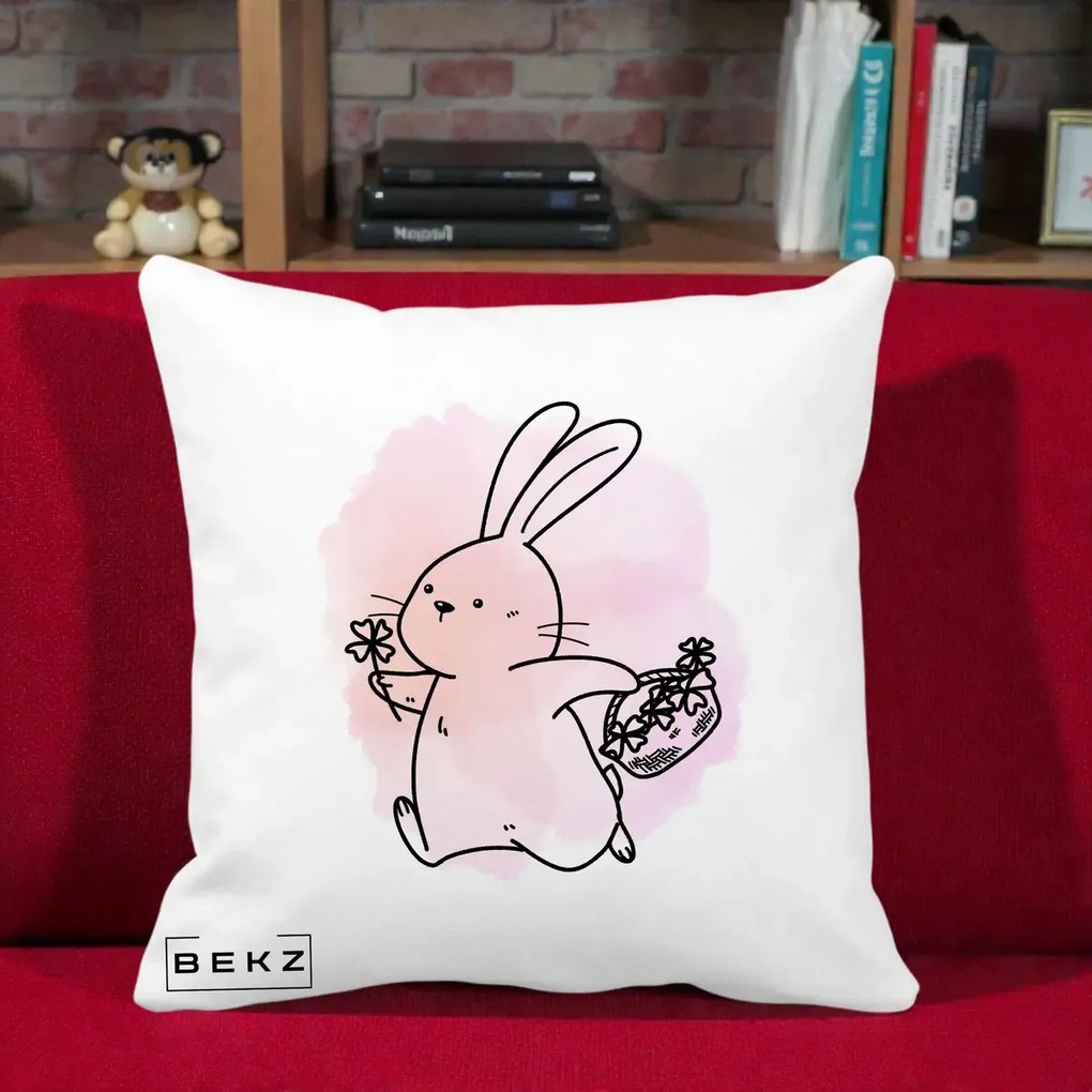 Perna Decorativa Iepuras Kawaii cu Cosulet Floral, 40x40 cm, Alba Mata, Husa Detasabila, Perna Inclusa, BEKZ®