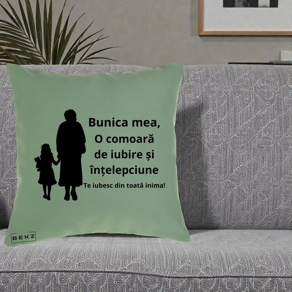 Cadou pentru Bunica - Perna Personalizata Bunica Mea Comoara Iubire Intelepciune Silueta, 40x40 cm, Verde, Husa Detasabila, Perna Inclusa, BEKZ®