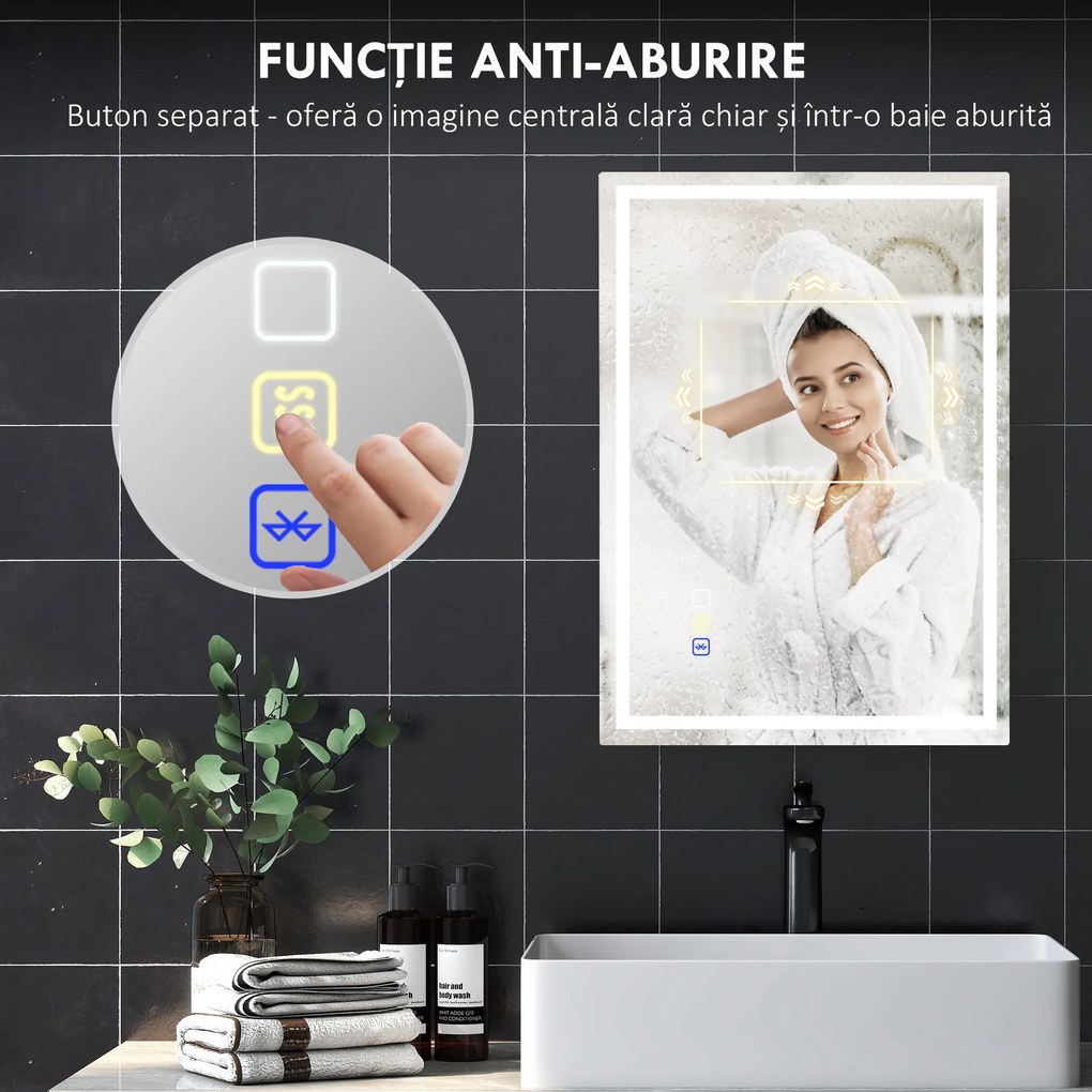 HOMCOM Oglindă Baie Antiaburire cu Lumină LED și Difuzor Bluetooth 50x70 cm | Aosom Romania