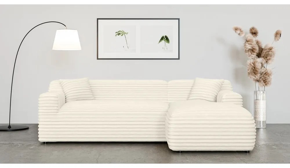 Colțar crem cu tapițerie din catifea reiată (cu colț pe partea dreaptă, cu șezlong) Martin – Ropez