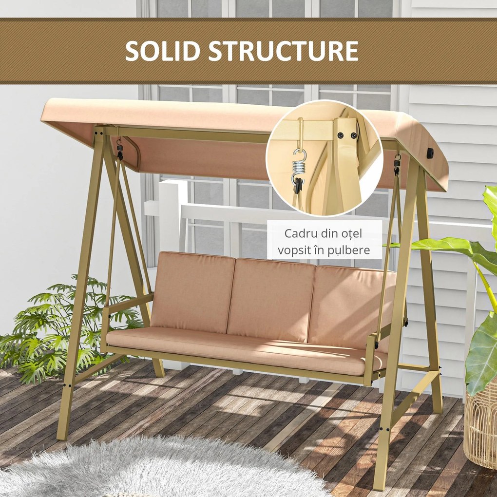 Outsunny Scaun Balansoar de Grădină cu 3 Locuri, Bancă cu Copertină Reglabilă, Perne Detașabile și Cadru din Oțel, 200x125x175 cm, Bej | Aosom Romania