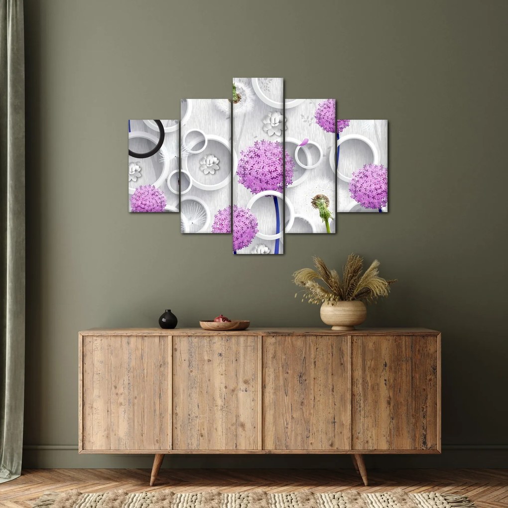 Tablou cu abstracție 3D cu cercuri și flori (150x105 cm)