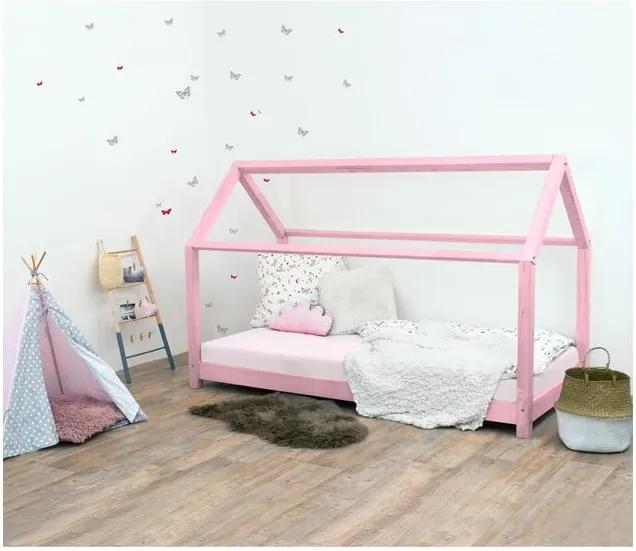 Pat pentru copii, din lemn de molid fără bariere de protecție laterale Benlemi Tery, 120 x 180 cm, roz