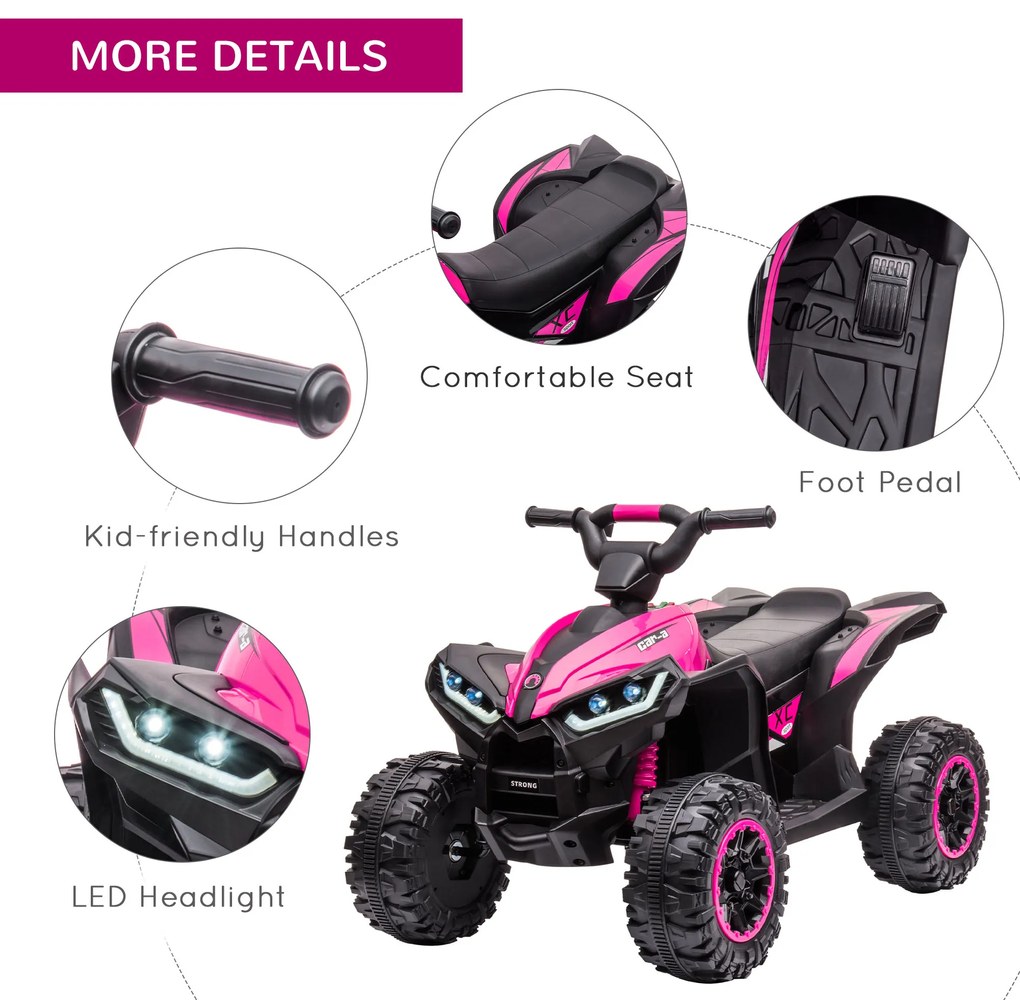 HOMCOM ATV Electric pentru Copii cu Motor Dublu și 2 Viteze, Roți, Faruri LED, Claxon și Muzică, 83x53x55.5 cm, Roz | Aosom Romania