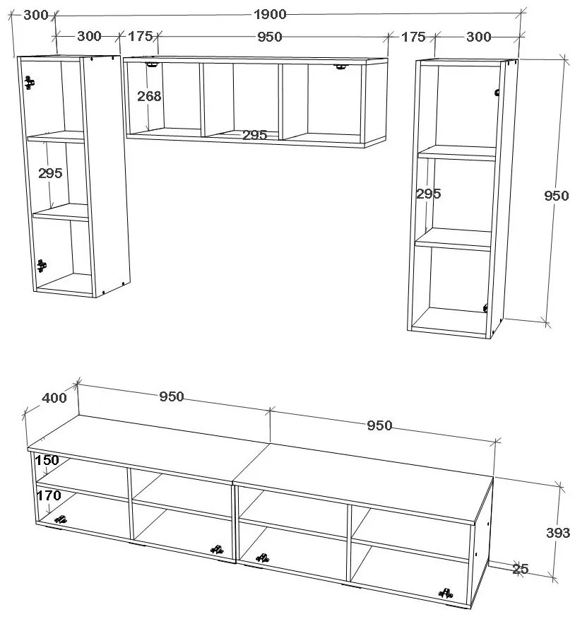 Living haaus V18, Negru/Alb Lucios, MDF, L 190 cm