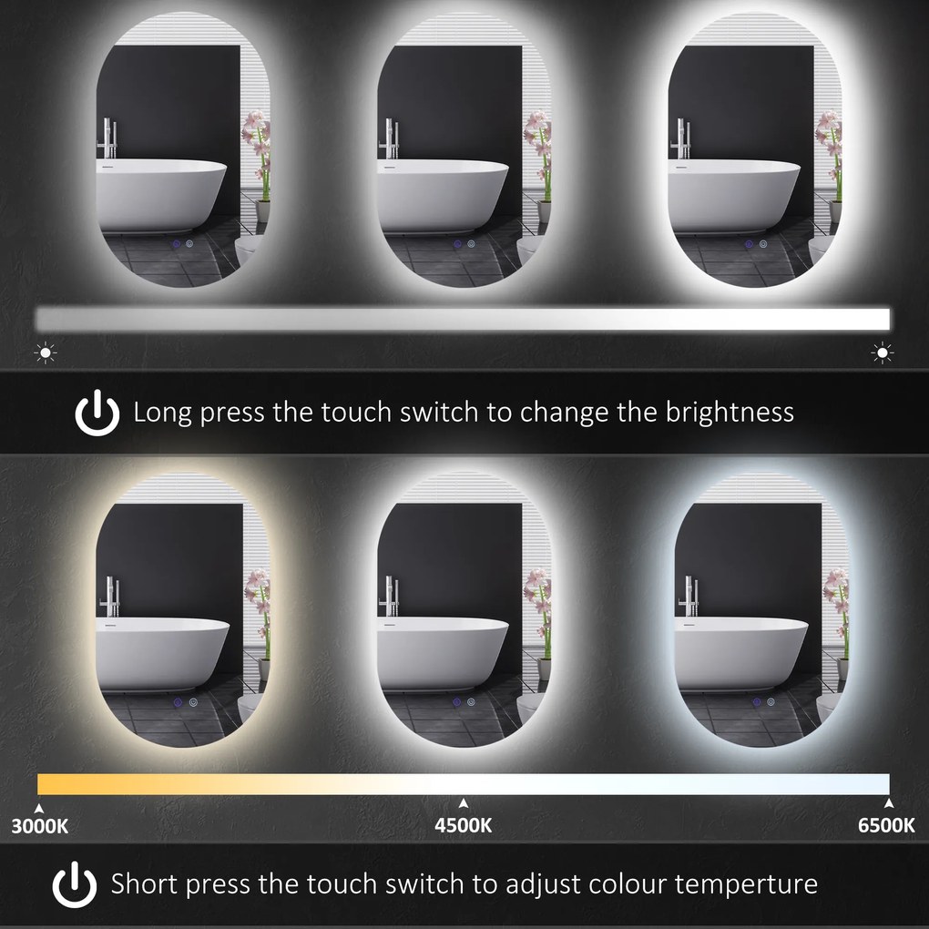 kleankin Oglindă de Perete cu Lumină LED în 3 Culori și Funcție Anti-Aburire, 81x51x4.5 cm, Transparent | Aosom Romania