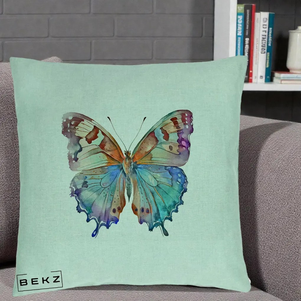 Perna Decorativa Fluture Acuarela Multicolor Portocaliu-Bleu-Mov, 40x40 cm, Verde Menta, Husa Detasabila, Perna Inclusa, BEKZ®