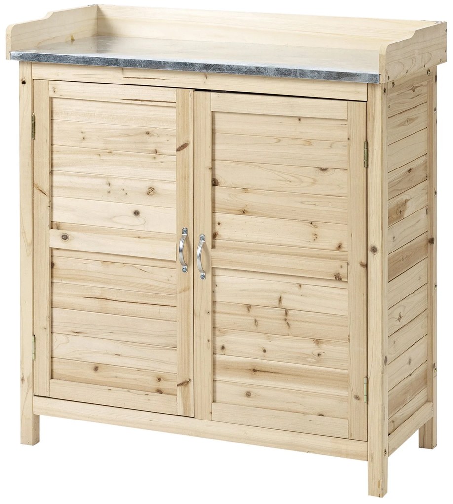 Outsunny Dulap de grădină cu 2 rafturi, suprafață de lucru din metal cu margine ridicată, lemn natural, 83 x 40 x 92 cm | Aosom Romania