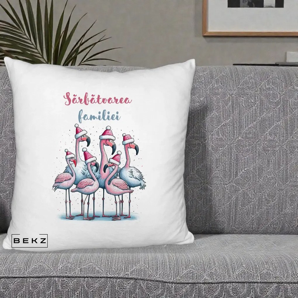 Perna Decorativa Flamingo Craciun Sarbatoarea Familiei, 40x40 cm, Alb Pufos, Husa Detasabila, Perna Inclusa, BEKZ®