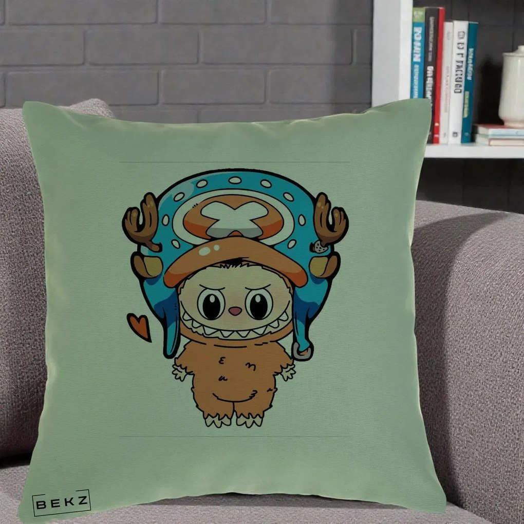 Perna Personalizata Labubu x Tony Tony Chopper, 40x40 cm, Verde, Husa Detasabila, Perna Inclusa, BEKZ®