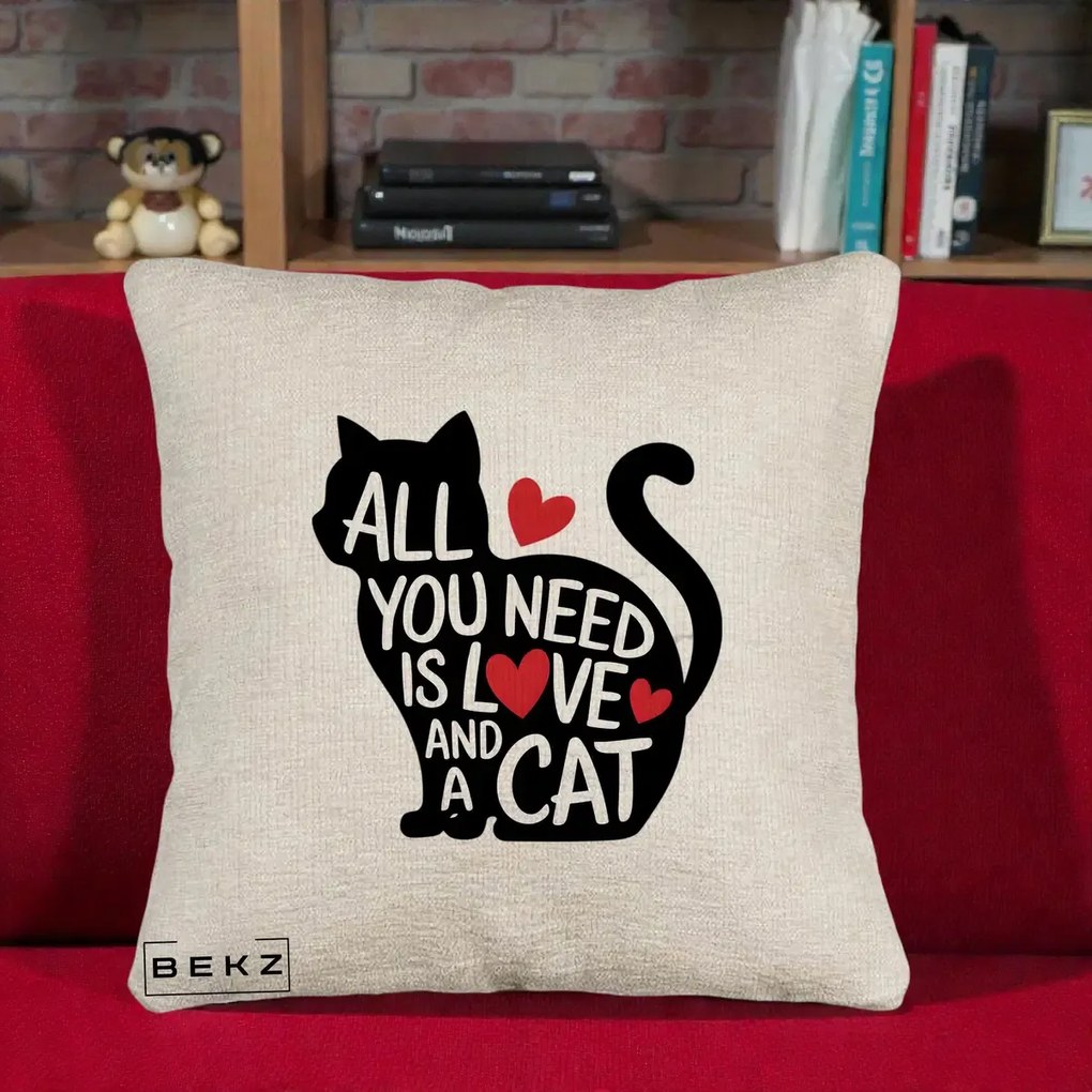 Perna Personalizata All You Need is Love and a Cat, 40x40 cm, Bej Canapea, Husa Detasabila, Perna Inclusa, BEKZ®