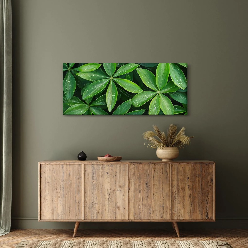 Tablou - Frunze cu picături de rouă (120x50 cm)