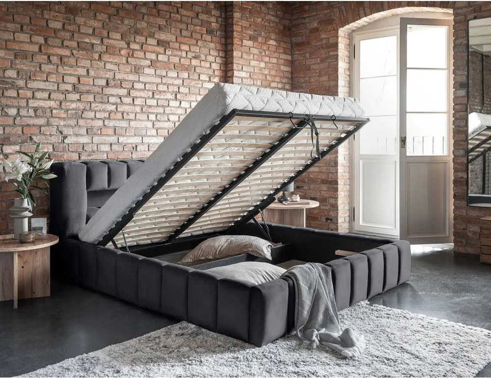 Pat matrimonial gri tapițat cu spațiu de depozitare cu somieră 140x200 cm Lamica – ELTAP