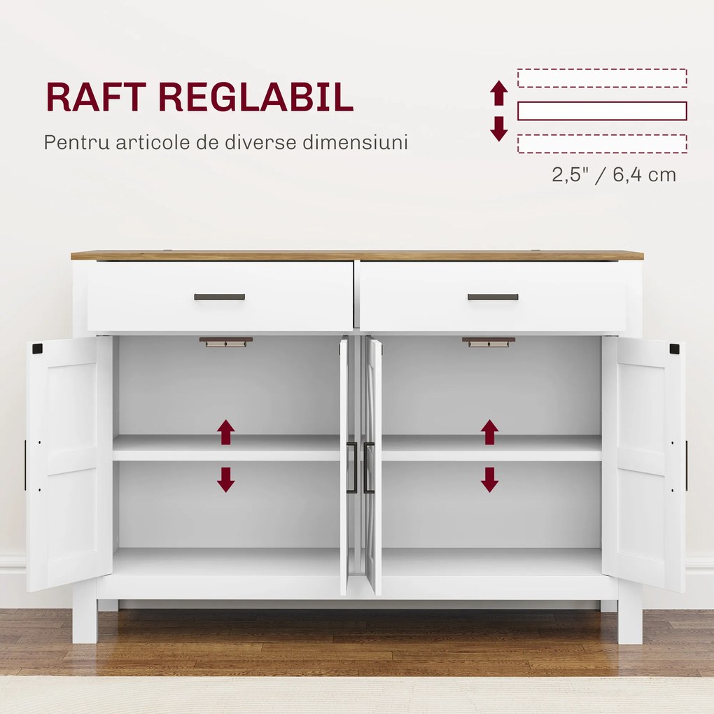 HOMCOM Bufet de Bucătărie cu 2 Sertare și 2 Dulapuri, 120x39,3x82,5 cm, Alb | Aosom Romania