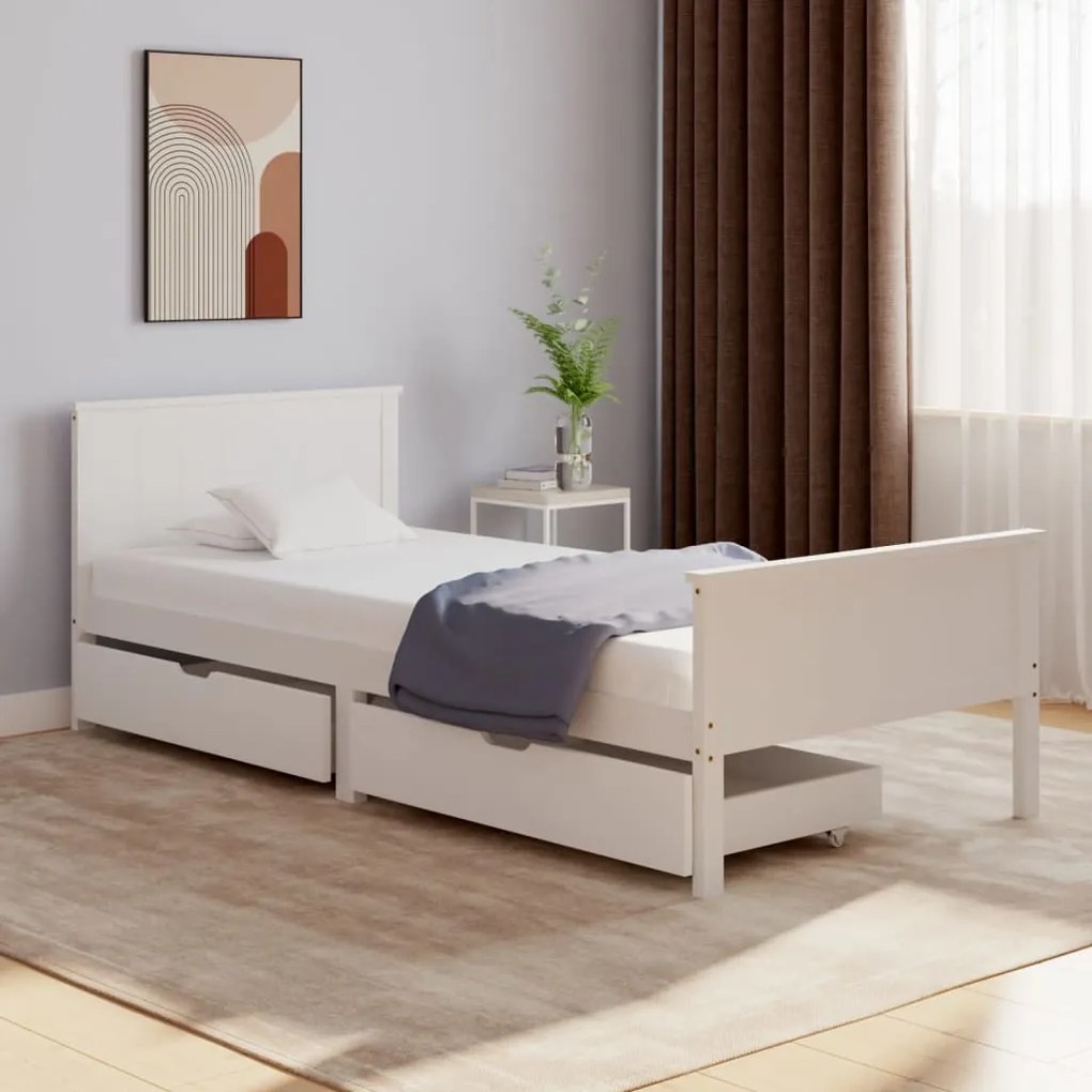 3060508 vidaXL Cadru de pat cu 2 sertare, alb, 90x200 cm, lemn masiv pin
