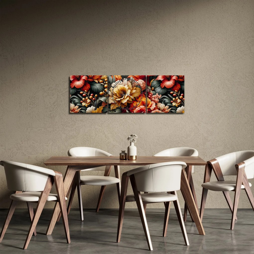 Tablou - Flori portocalii și roșii (cu ceas) (90x30 cm)