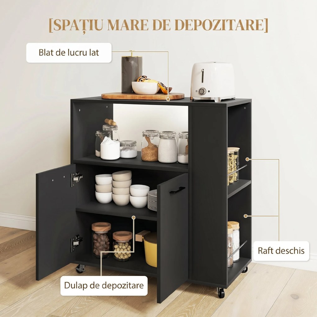 HOMCOM Cărucior de Bucătărie din Lemn cu Blat Deschis, Dulap și Raft Lateral, 75x40x80.5 cm, Negru | Aosom Romania