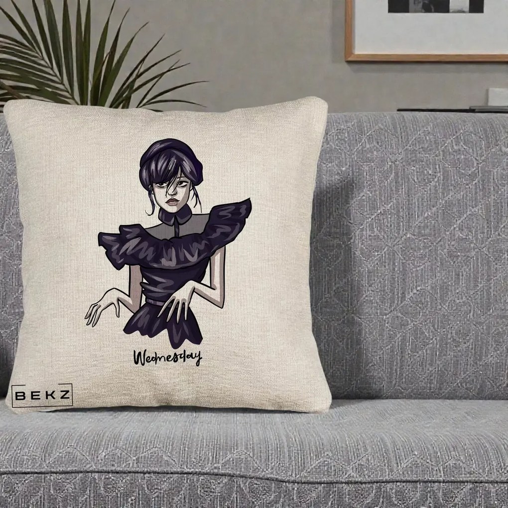 Perna Personalizata Wednesday Addams Dans Gotic, 40x40 cm, Bej Canapea, Husa Detasabila, Perna Inclusa, BEKZ®