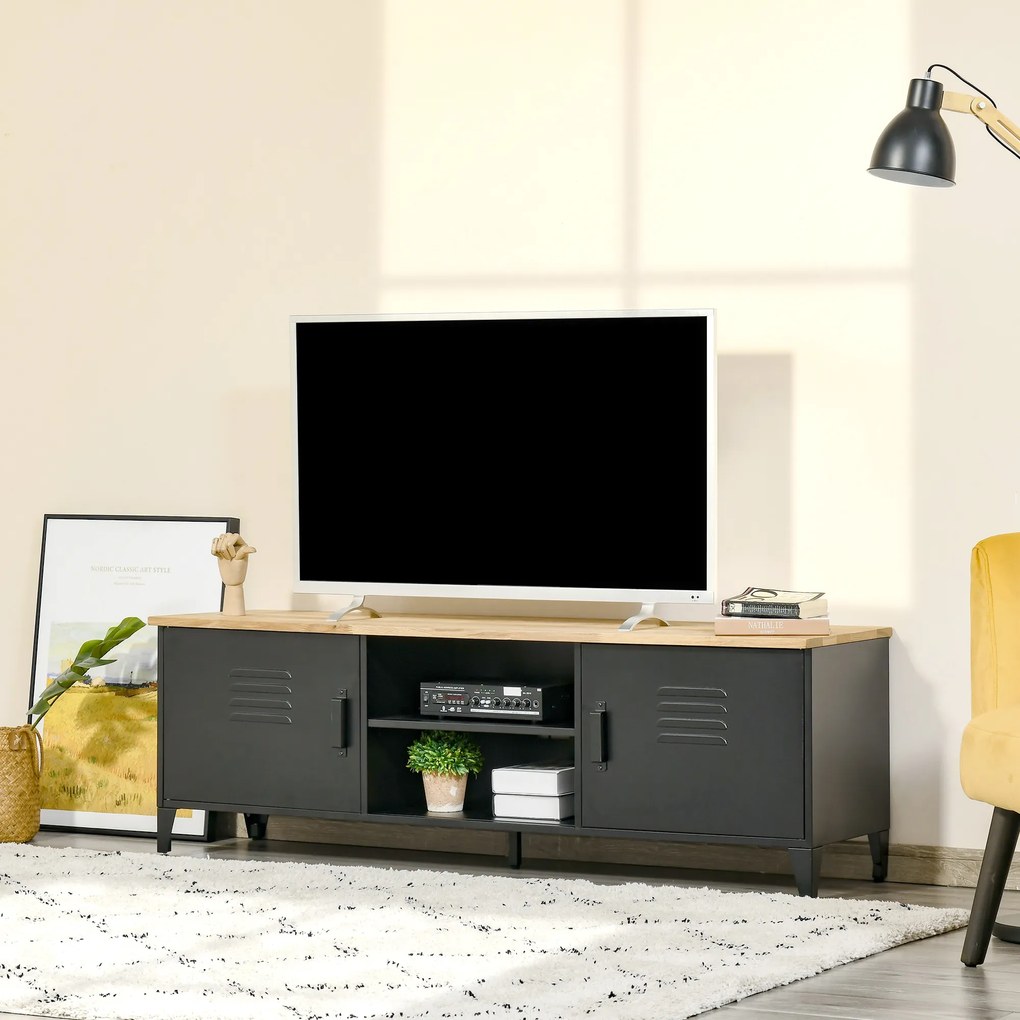 HOMCOM Mobilier TV Banc TV pentru televizoare de 55'' cu 2 Dulapuri Picioare Reglabile Cadru metalic negru Tablou din lemn natural 150 x 40 x 50 cm | Aosom Romania