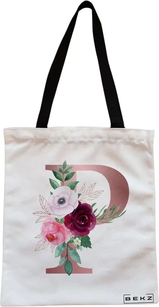 Sacosa de Panza pentru Cumparaturi, Geanta Tote, Cu litera P Rose Gold si Trandafiri, Cu fermoar, 38x34.5 cm, Alba, BEKZ®