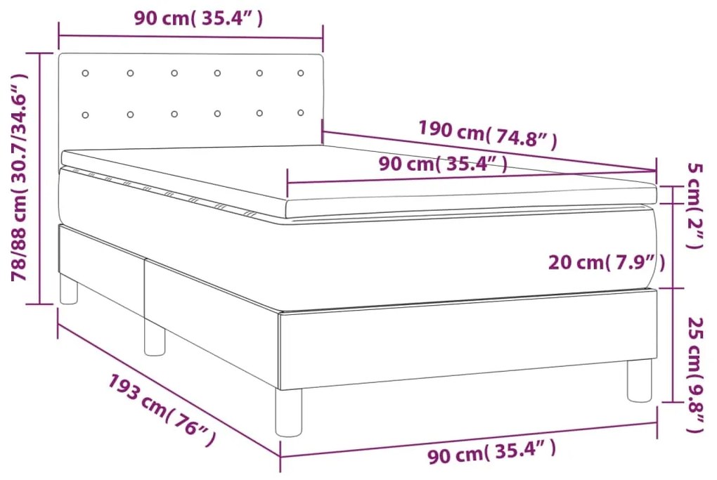 Pat box spring cu saltea, crem, 90x190 cm, textil Crem, 90 x 190 cm, Nasturi de tapiterie