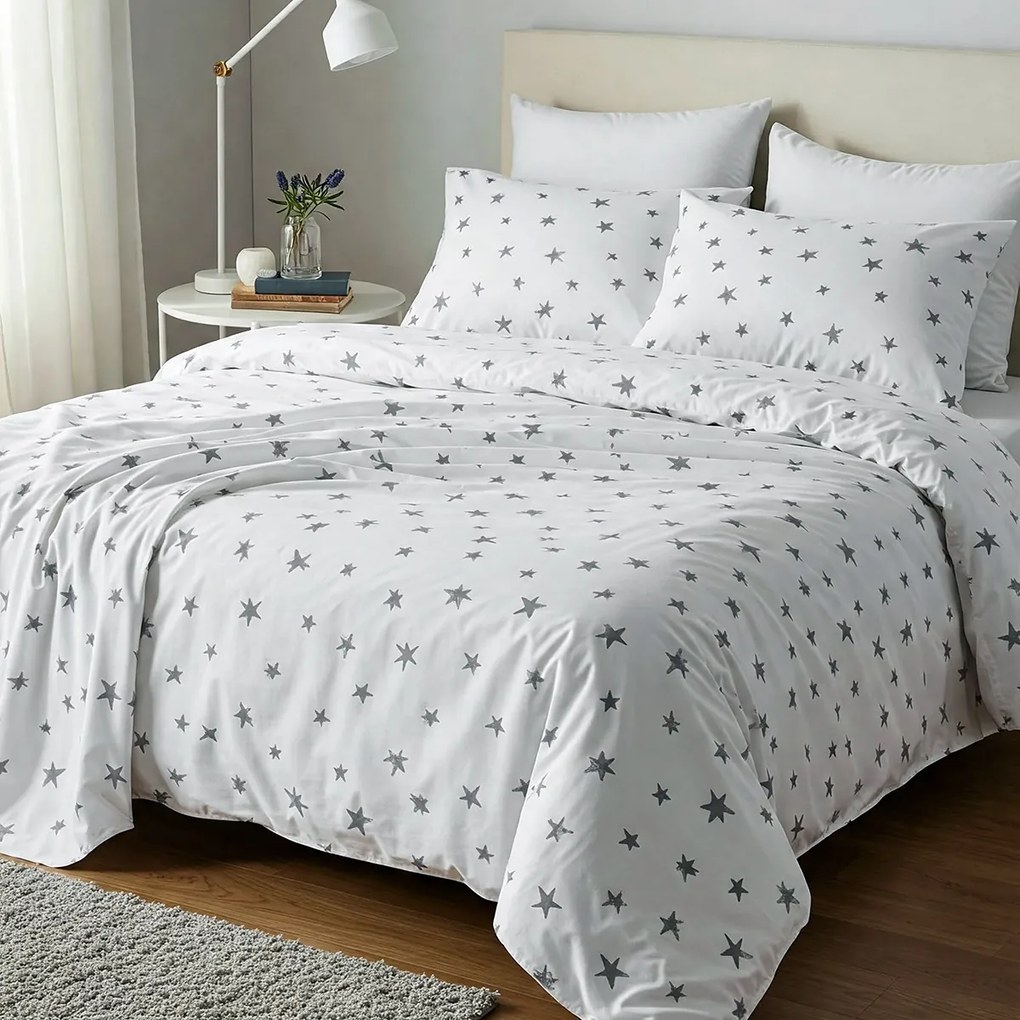 Lenjerie de pat matrimonial Premium Ranforce alba cu stele / 200x220 cm dimensiune standard