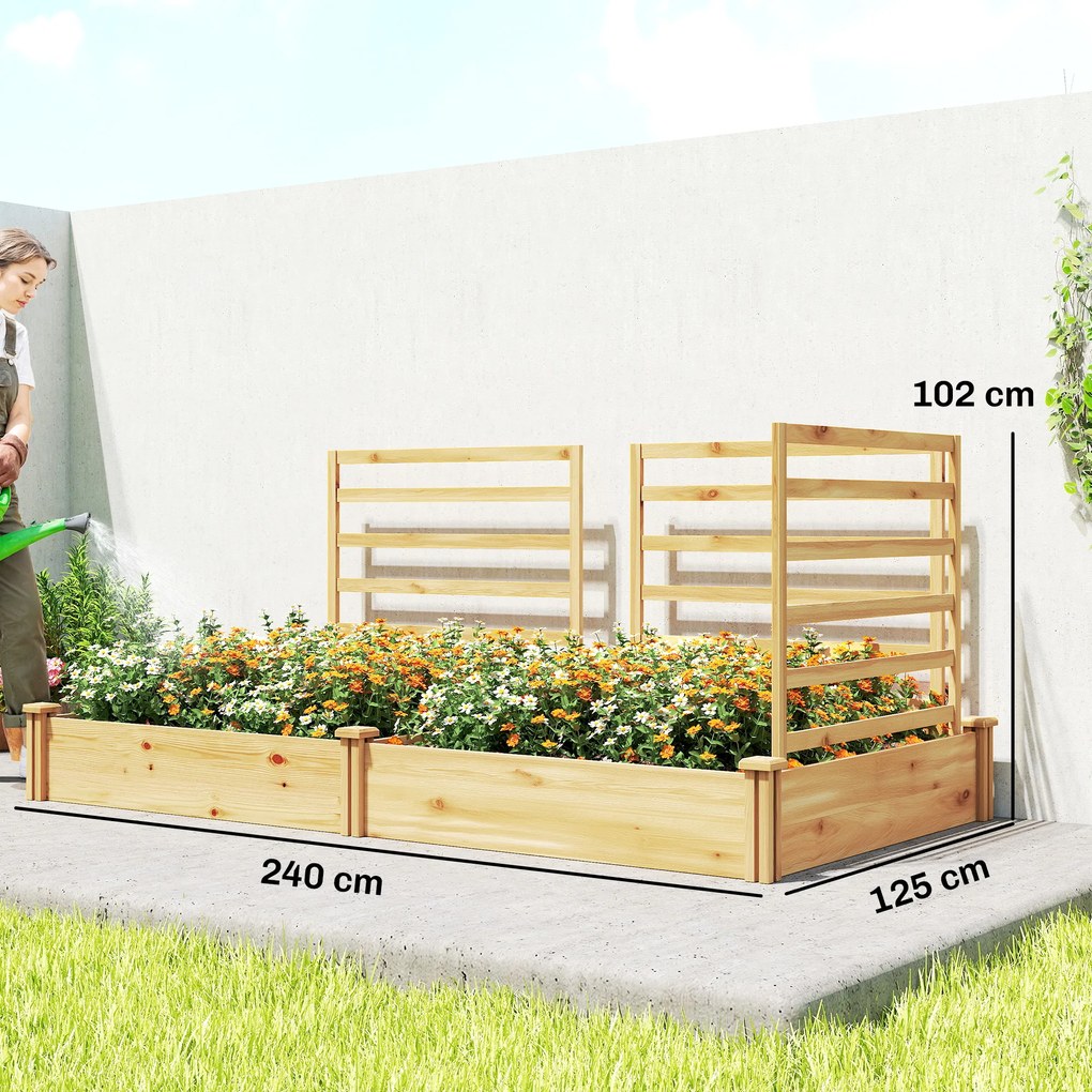 Outsunny Pat de grădină înălțat cu spalier Jardiniere din lemn cu 3 spaliere Perete despărțitor Bază deschisă 240 x 125 x 102 cm Lemn natural | Aosom Romania