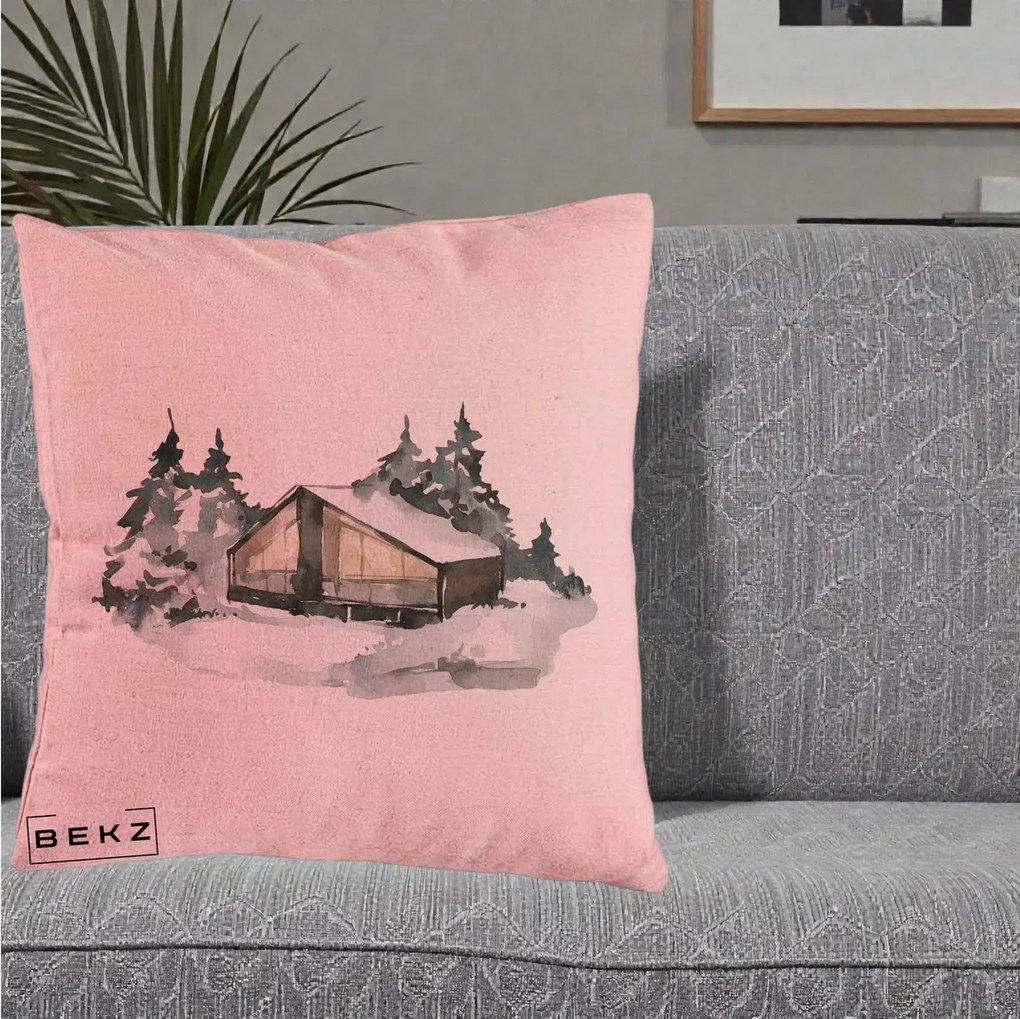 Perna Decorativa Cabana de Iarna in Padure, 40x40 cm, Roz, Husa Detasabila, Perna Inclusa, BEKZ®